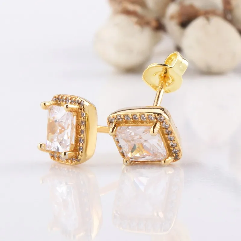 

Original 925 Sterling Silver Pan Earring Shiny Rose Gold Square With Crystal Pan Earrings For Women Wedding Gift Fashion Jewelry