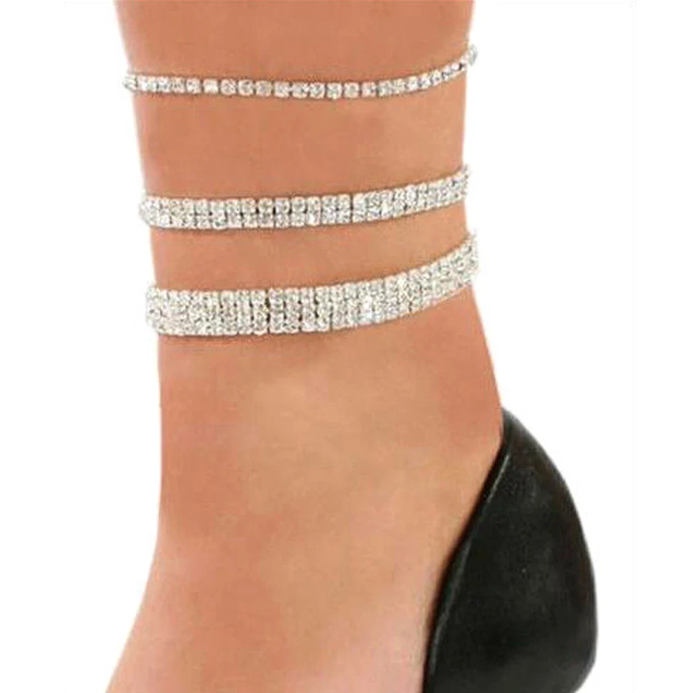 

Silver Ankle Bracelet Women New Fashion Diamante Anklet Stretchy 2 3 4 5 Rows Anklet Chain Diamante Rhinestones Foot Jewelry