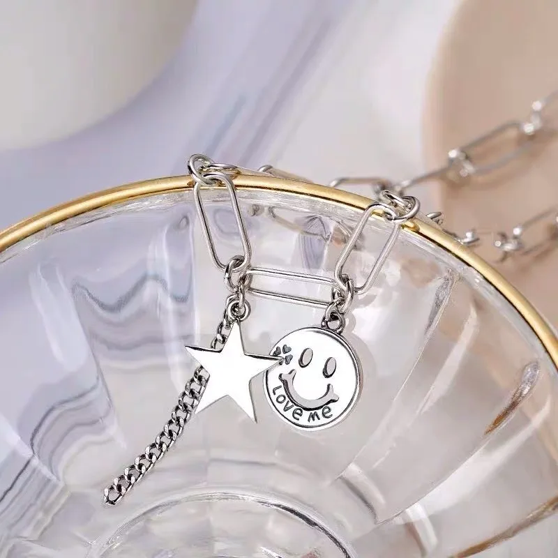 

2419 925 Sterling Silver Fashion Star Smiling Face Tassel Thai Silver Necklace Vintage Charm Necklace For Women Jewelry S-N517