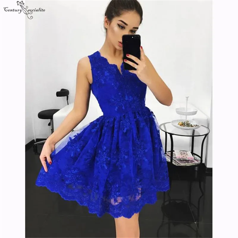 

Royal Blue Lace Graduation Dresses Short V-Neck Zipper 2020 Mini Homecoming Dresses Simple Party Gowns Prom Dress Cheap