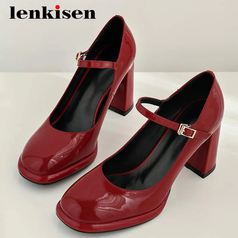 

Lenkisen big size nightclub fashion cow patent leather european design round toe super high heel buckle straps women pumps L9f1