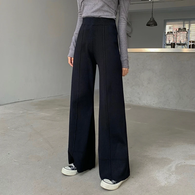 

Limiguyue Casual Women Elastic Waist Long Wide Leg Sweater Pants Winter Thick Loose Warm Knitted Pants Straight Pantalon K646