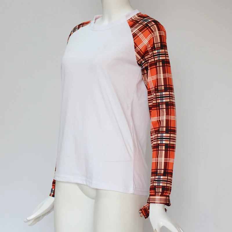 

2019 Spring Autumn Casual Long Sleeve O-neck T-shirts Women Plus Size XXL Plaid Patchwork Ladies Shirt Blusas Female White Tees