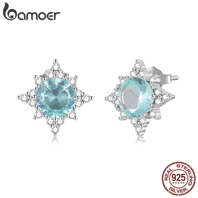 

BAMOER Authentic 925 Sterling Silver Ear Studs Opal Star Earrings Shining Star Buckle Earrings for Women Ball Party Jewelry Gift