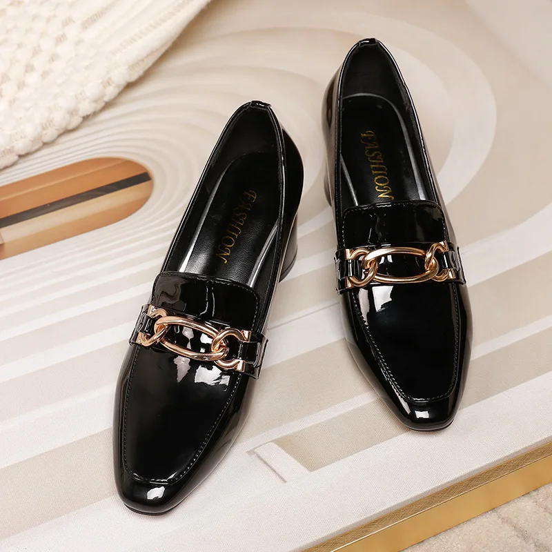 

New Design Autumn Midi Heels Party Dress Shoes For Women Metal Buckle Patent Leather Pointed Toe Office Lady Pumps Size 34