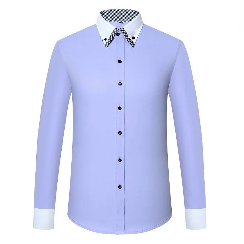 Men's Casual Shirts Long Sleeve Tops Autumn White Shirt Business Double-Layer Collar Korean Fashion Shirt Men Retro Clothes Blue