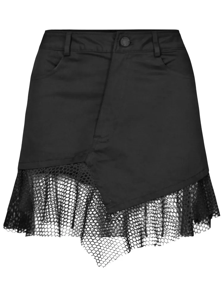 Женская Асимметричная юбка в стиле панк-рейва черная тонкая сетчатая на бедрах