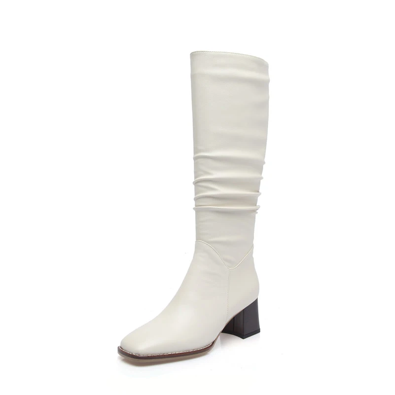 

FOREADA High Heel Woman Boots Real Leather Block Heel Knee High Boots Square Toe Long Boots Zipper Pleated Female Shoes Beige 40