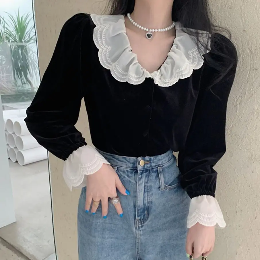 

HziriP Black Flare Sleeves Vintage S-L Blouses Women Hot Lace Velvet Ruffles Korean 2022 Spring Office Lady Chic Tops Shirts