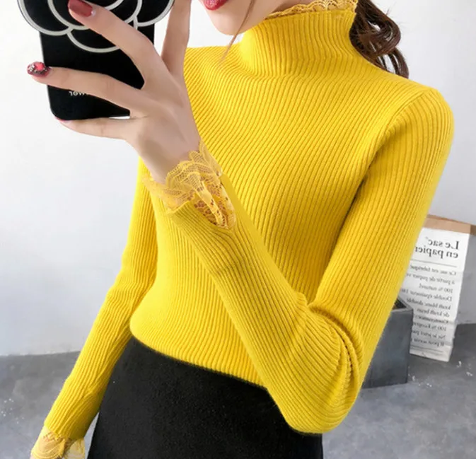 Женский свитер рубашка женские модные пуловеры тонкий вязаный с рюшами на шее и