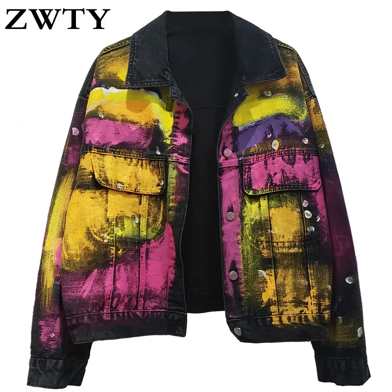 

ZWTY Heavy Industry Painted Denim Jacket Streetwear Women's Autumn New Fashion Loose Contrasting Color Short Jean Coat Outwear