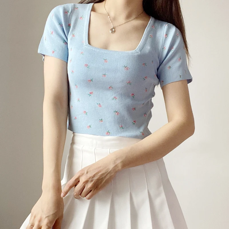 

Women Square Neck Floral Print Short Sleeve Knit Top