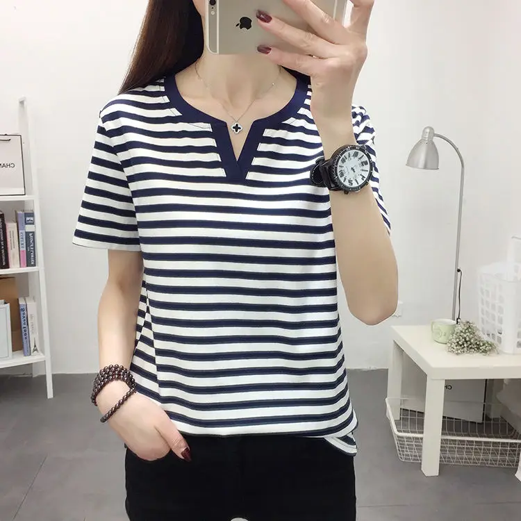 

95 cotton stripe t-shirt female short sleeve loose top summer 2021 new middle aged mother V-neck half sleeve T-shirt