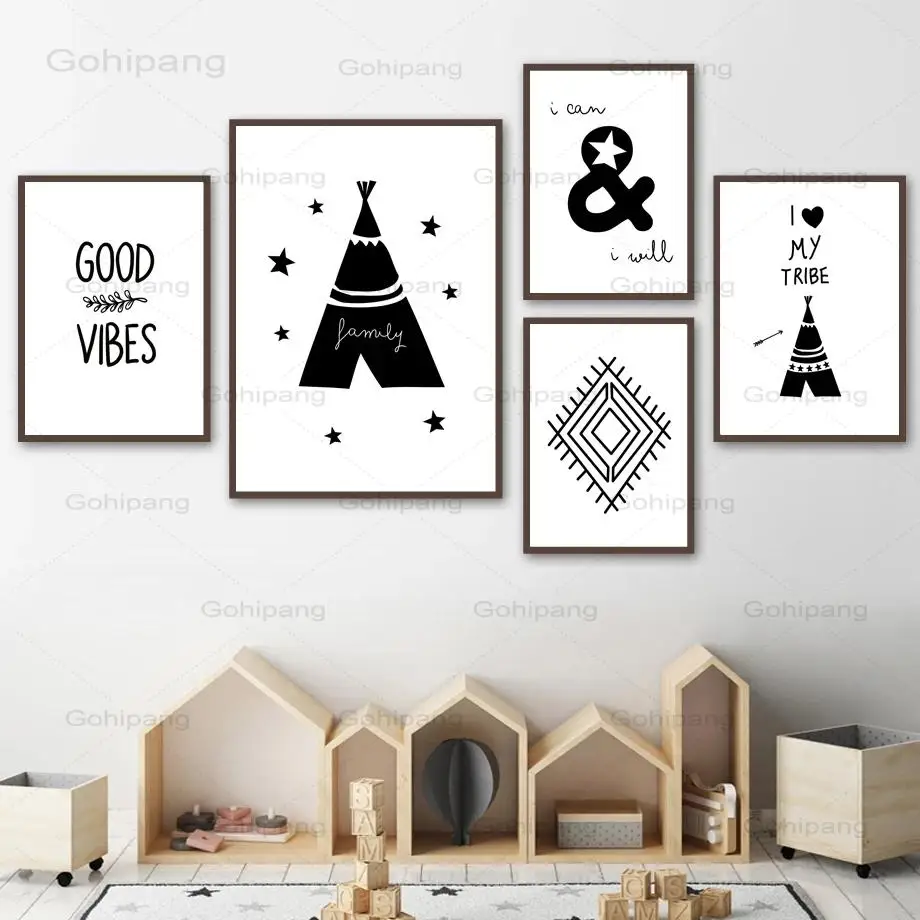 

Canvas Painting Tribe Tent Line Pattern Quote Poster Nordic Black White Posters and Prints Wall Pictures Baby Kids Room Decor