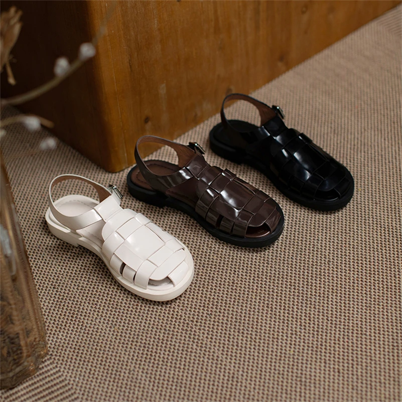 

Meotina Women Gladiator Sandals Shoes Genuine Leather Sandals Buckle Flat Shoes Square Toe Cow Leather Ladies Footwear Summer 40