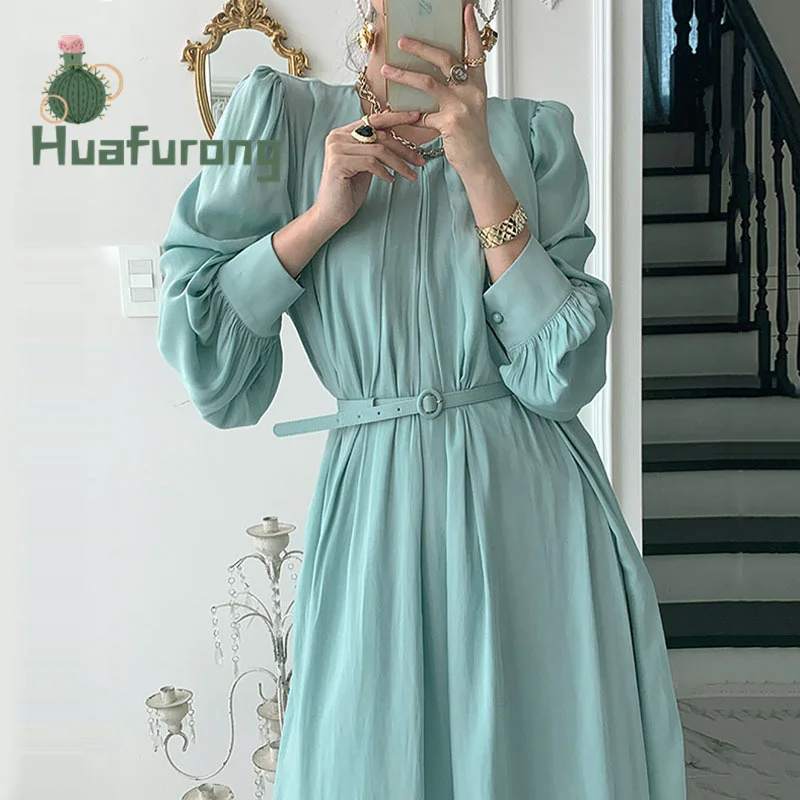 

2021 Summer Puff Sleeve Round neck Dress Long Glossy Pleated Lace-up Dress High-waist With Belt Ankle-length