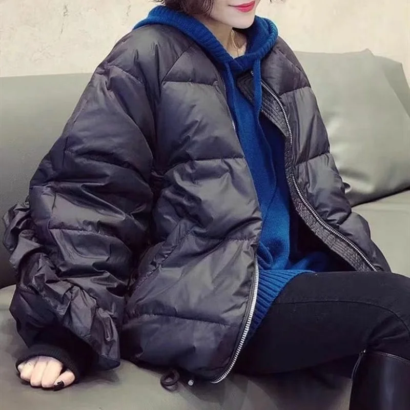 Women Bat Sleeve Loose Short Jacket Thick Warm Parkas Winter Coat Patchwork Overcoats Female Solid Color Outwear Streetwear Ins