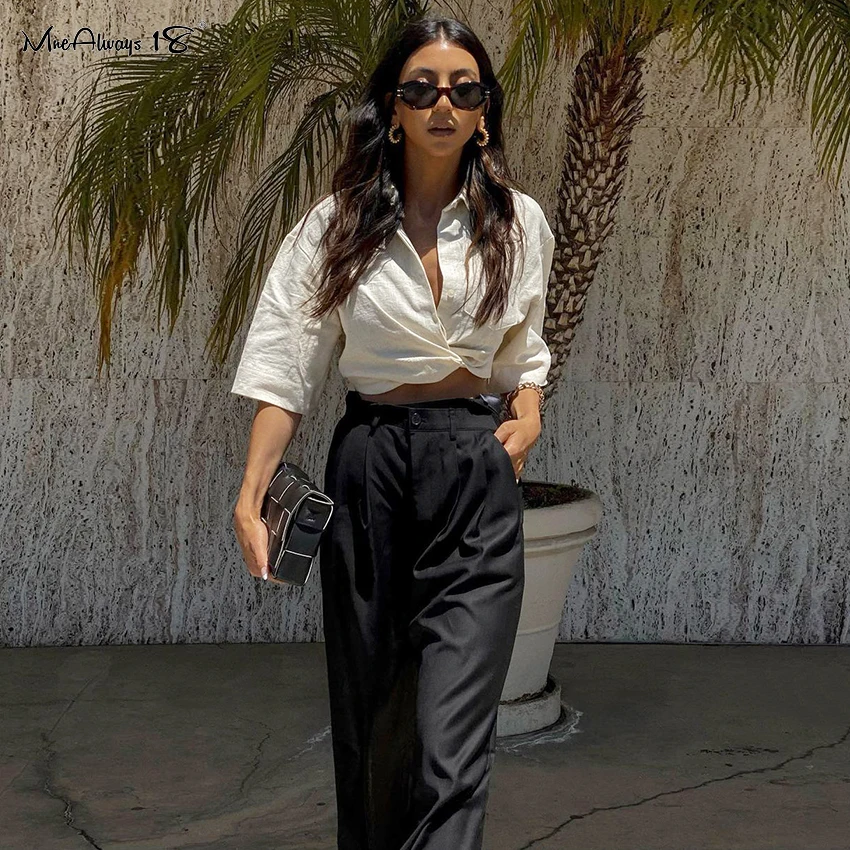 

Mnealways18 Chic Asymmetrical Black Trousers Women Pocket Wide Leg Trousers Ladies Pleated Pants Casual Button Autumn Trousers