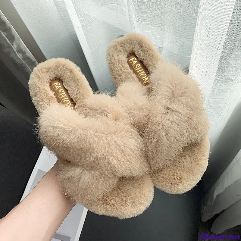

Winter Women Home Slippers with Faux Fur Fashion Warm Shoes Woman Slip on Flats Female Slides Black Beige slipper