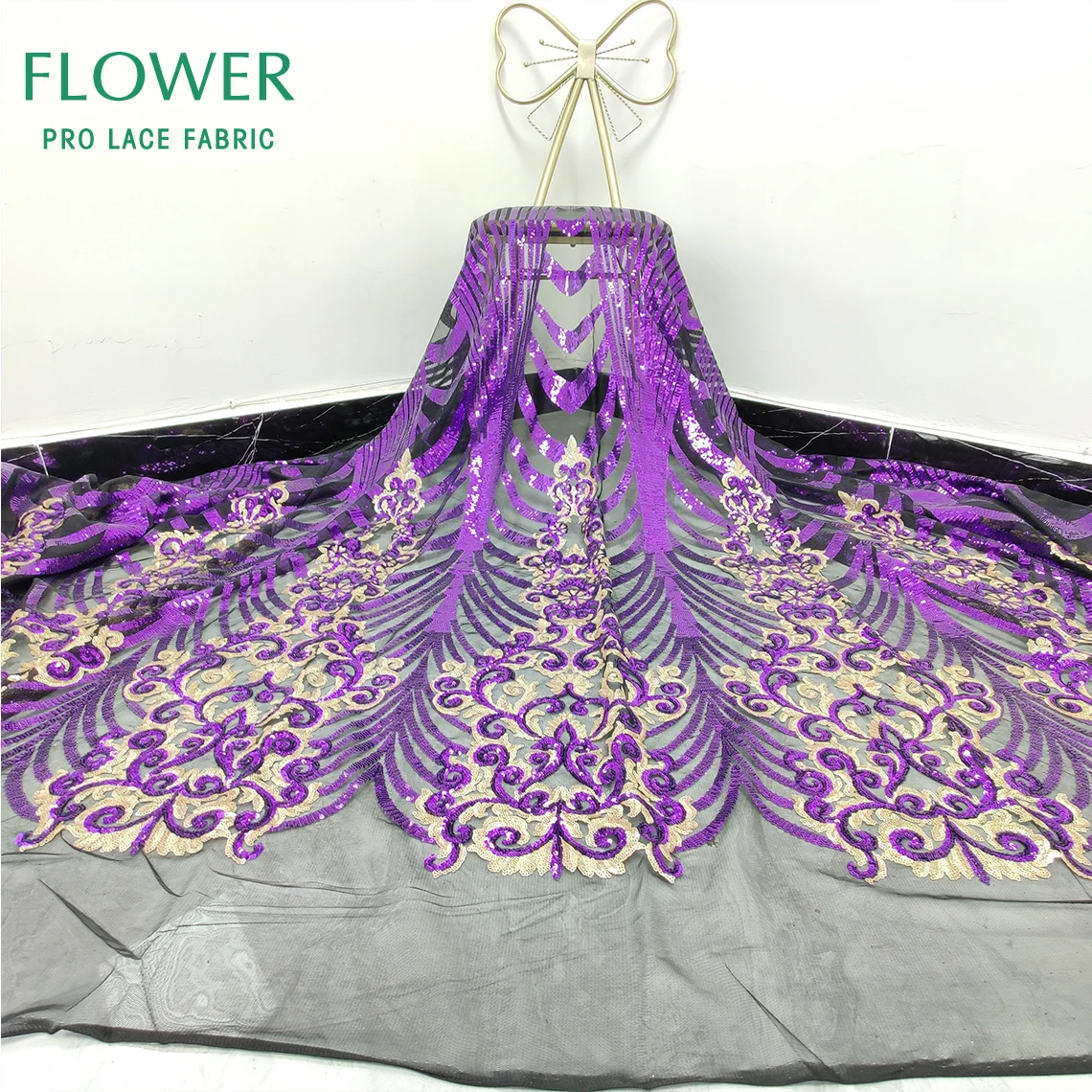 Черная сенегавская французская сетчатая кружевная ткань с блестками