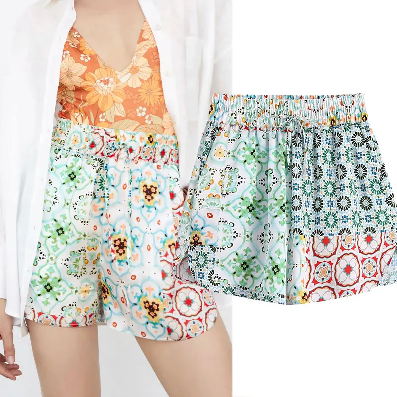

Za 2021 Fashion Summer Women's Shorts Vintage Bermuda Printing Elastic High waist Chic Loose Splicing Pants Casual Streetwear