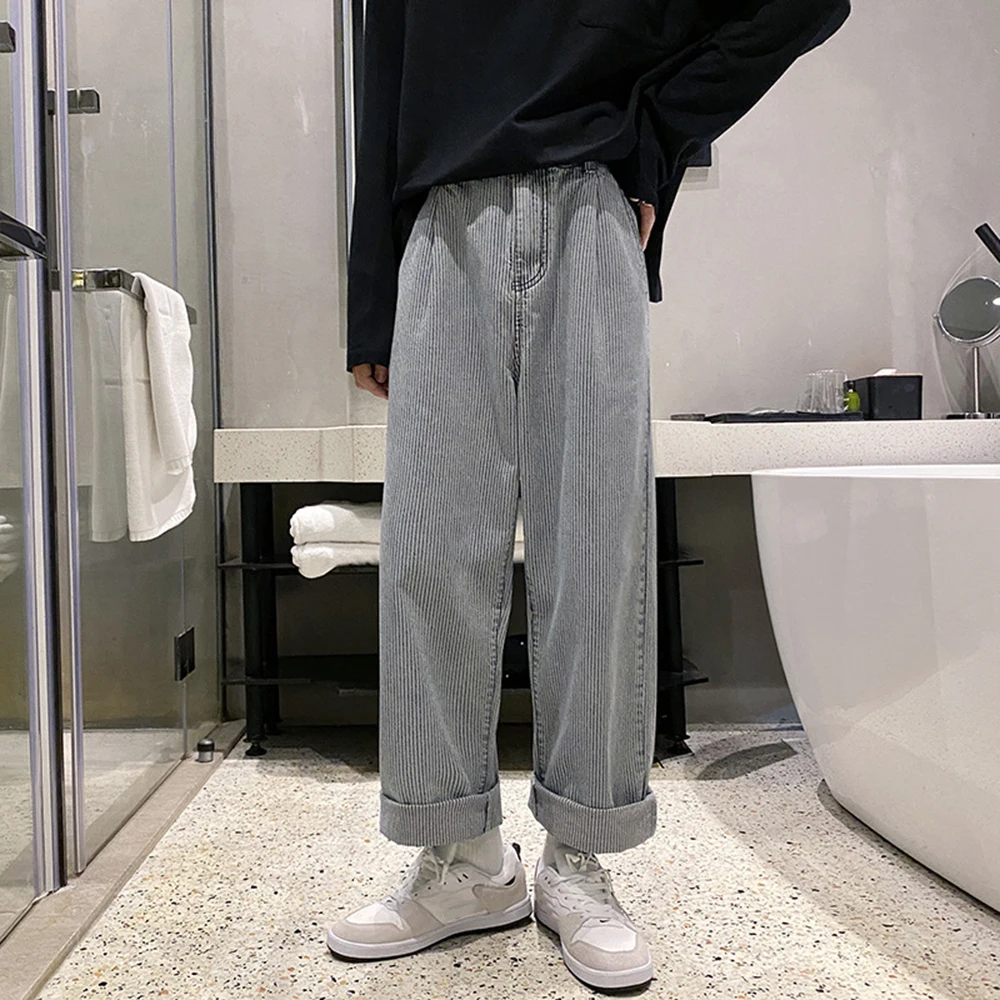 Retro Jeans Men's Fashion Washed Striped  Casual Straight Jean Pants Men Streetwear Mens Denim Trousers