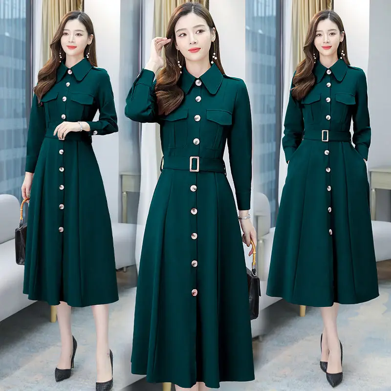 

2021 Women Spring Solid Fashion Shirt Dress Female Vintage Suit Single Breasted A-Line Dresses Lady Vintage Loose Vestido M14