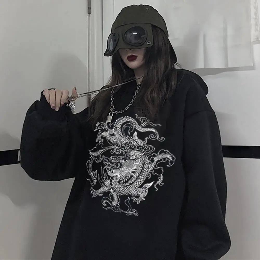 Свитшот женский с принтом дракона винтажный худи в стиле Харадзюку милая уличная