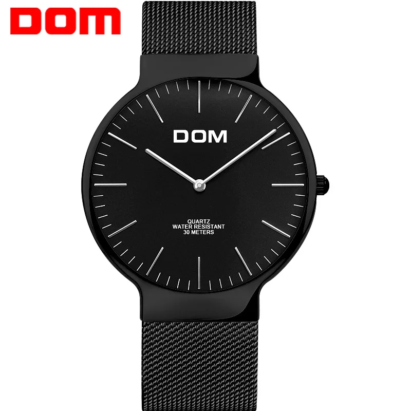 full black Часы мужские DOM Топ люксовый бренд Мужские часы ультра тонкий Нержавеющая сталь сетка ремешок кварцевые наручные часы модные повседневные часы - Цвет: full black