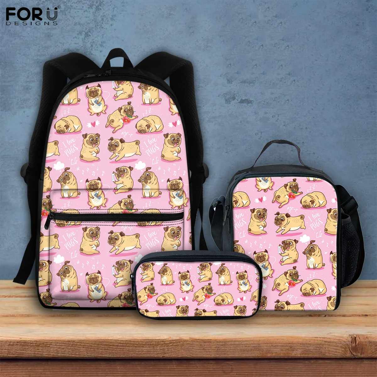 

FORUDESIGNS New Style Cute Funny Pug Pupies Cartoon Design Teens Backpacks Girls School Bags Set Daily Book Storage Bags Mochila