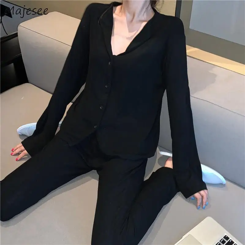 

Pajama Sets Women Solid V-neck Design Basic Cozy Baggy Simple Hot Sale Prevalent Ulzzang Autumn Casual Vintage Trendy Sleepwear