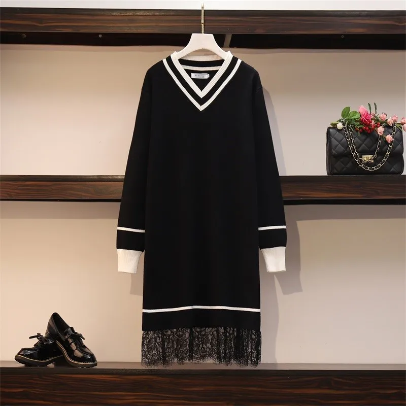 

Patchwork Lace Sweater Dresses Women's Long Sleeve V Neck Mini Straight Ladies High Street Autumn Knitting Dresses Plus Size