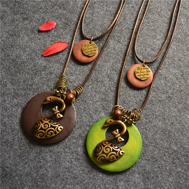  Retro Necklace Ethnic Style Female Literary Minimalist Double Wooden Letters Swan Fringed Long Sweater Chain | Украшения и