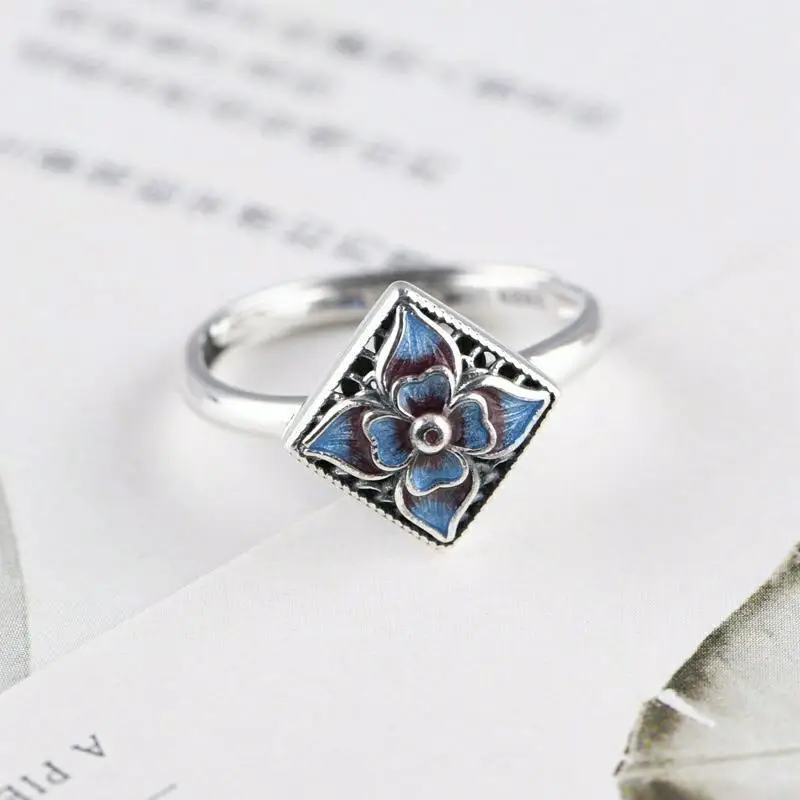 

Original Cloisonne Enamel Porcelain Flower Opening Adjustable Ring Chinese Retro Designer Craft Pendant Female Silver Jewelry