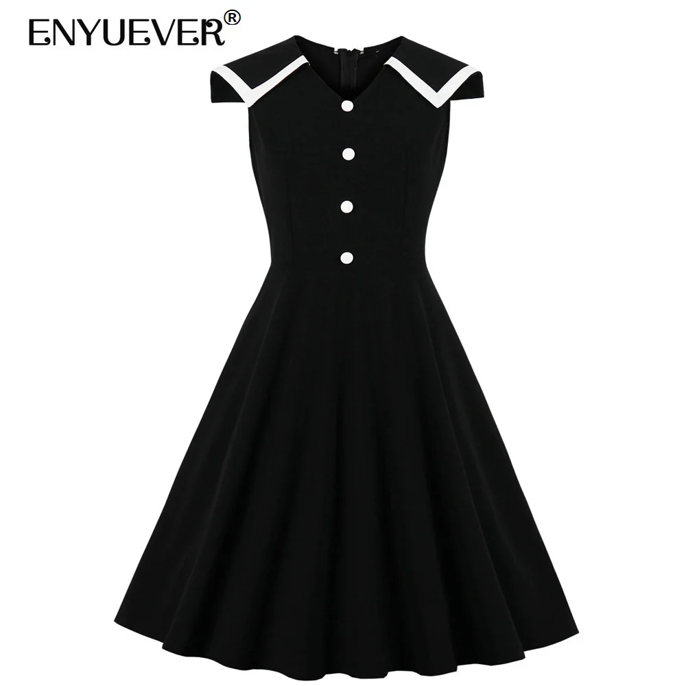 

Женское винтажное платье Enyuever, черно-белое летнее платье с матросским воротником, V-образным вырезом, без рукавов, с пышной юбкой