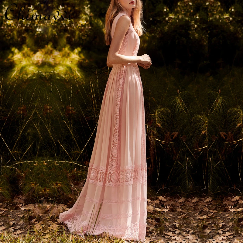 

Beach Style Sleeveless Round Collar Sweet Pink Dress Women Super Fairy Lace Stitching Crochet High Waist Long Dress