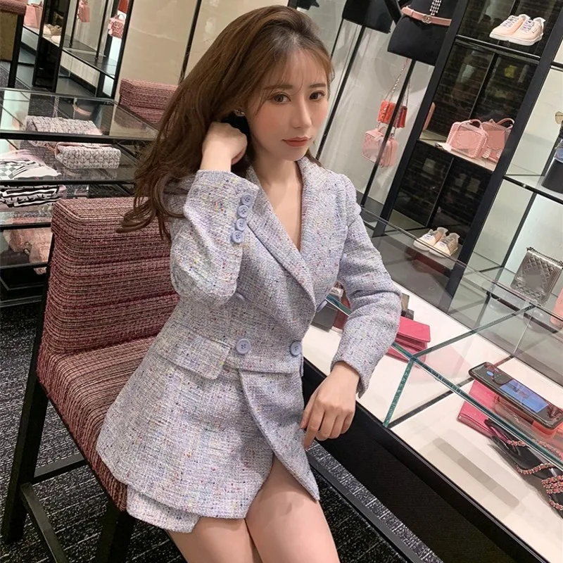 Qualities Boy Friend Vintage Womens Tweed 2Pcs Outfits Double Breasted Lapel Asymmetrical Blazer High Waist Chic Hem Hot Shorts |