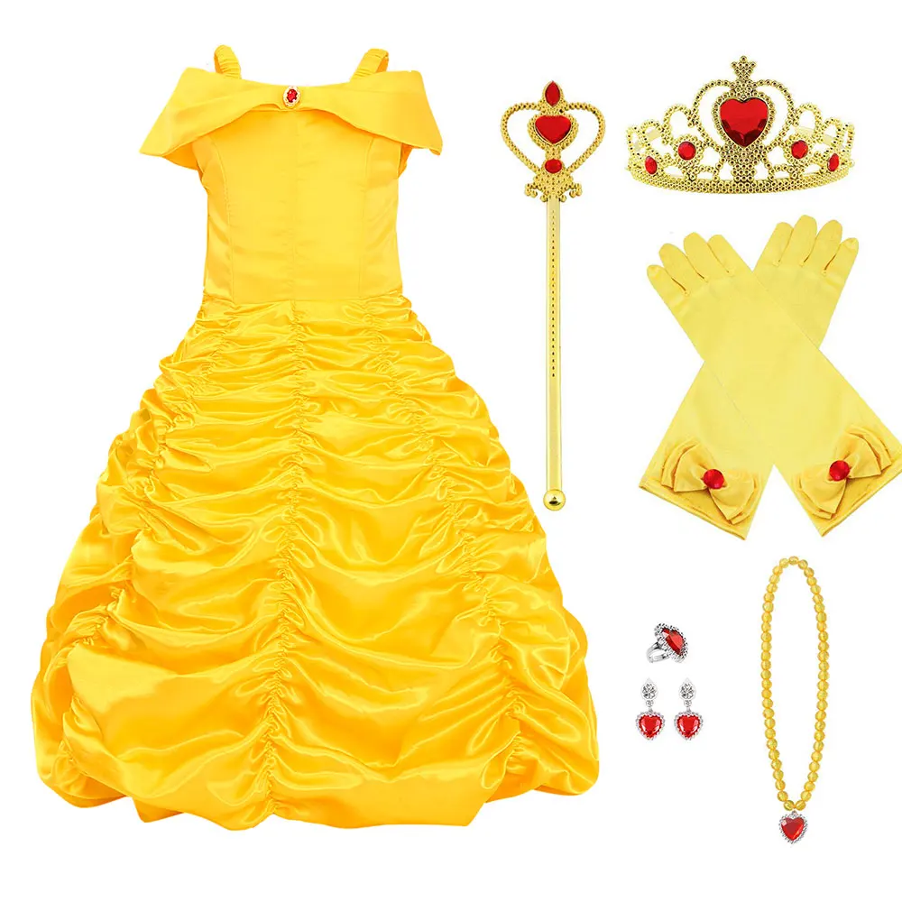 Dress6PCS Платье принцессы Белль для девочек; карнавальный костюм; Детские Вечерние платья желтого цвета с открытыми плечами; платья на Хэллоуин с короной и волшебной палочкой - Цвет: Dress6PCS