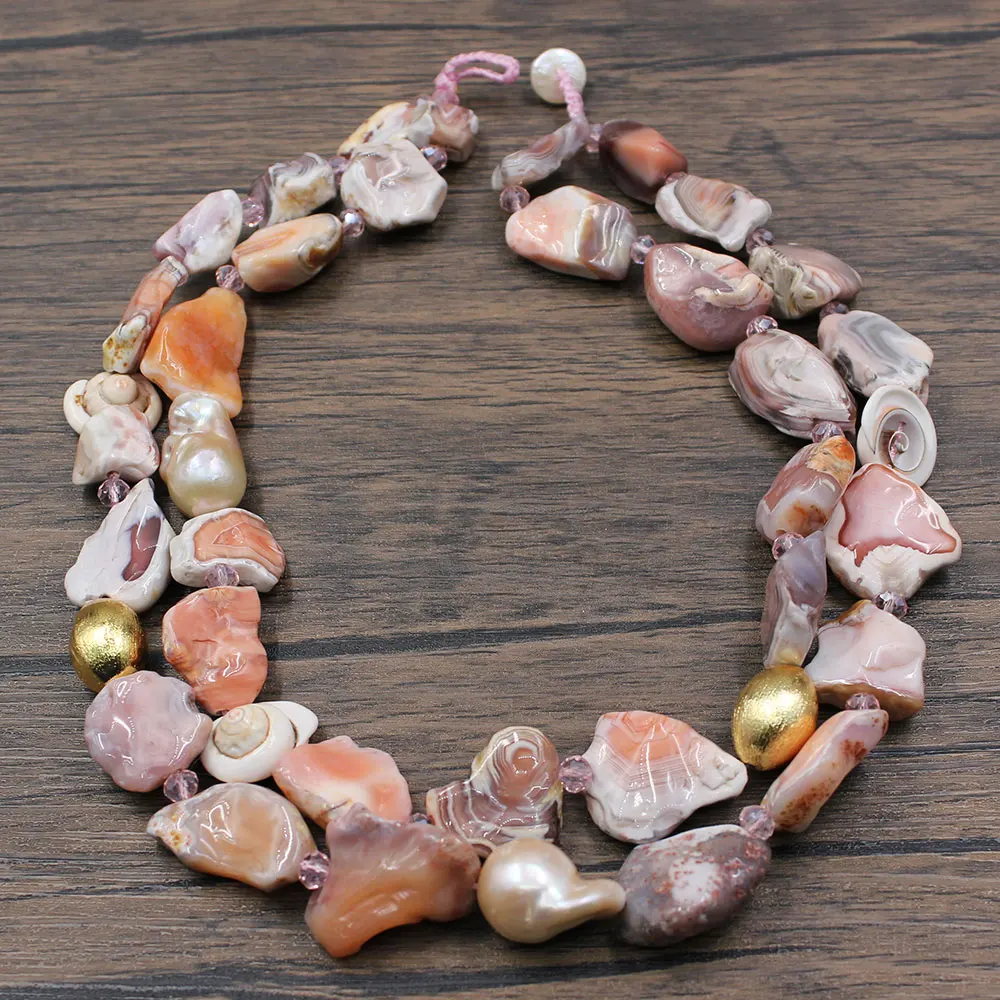 

GuaiGuai Jewelry 2 Strands Rare Pink Botswana Agate Freeform Nugget Freshwater Pink Keshi Pearl Necklace