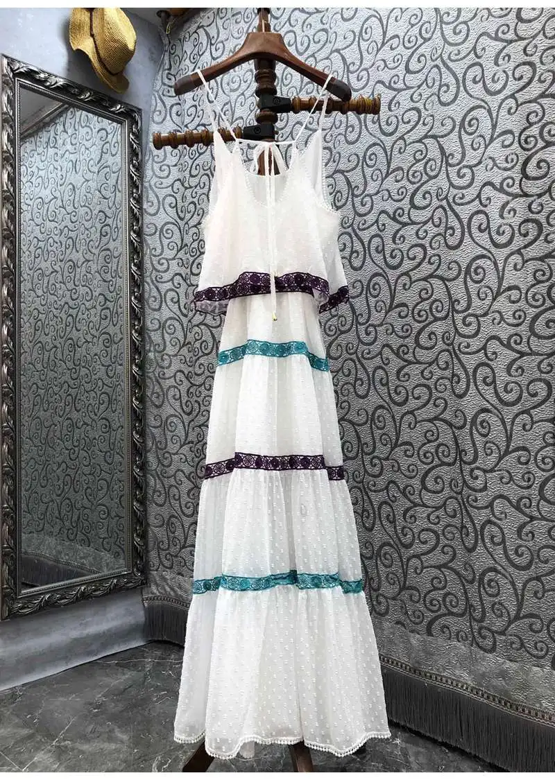 

Женское длинное платье на бретельках, привлекательное белое лоскутное платье макси в горошек с кружевной вышивкой, в стиле бохо, весна-лето ...