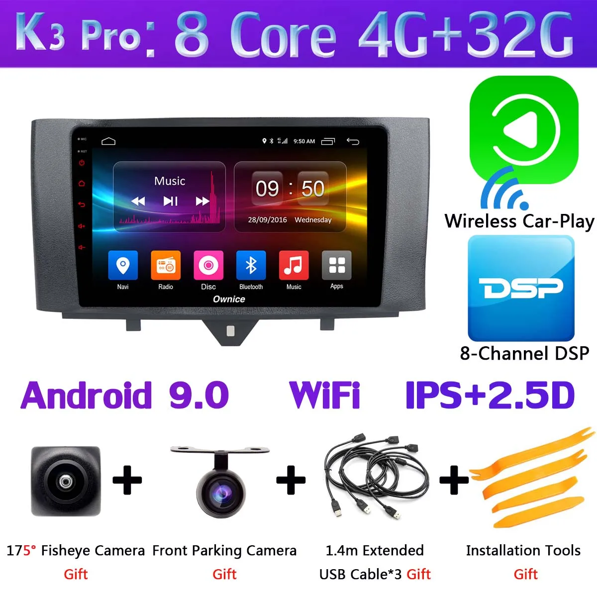 360°4×AHD камера Android 9,0 4G+ 64G gps радио CarPlay SPDIF DSP Автомобильный мультимедийный плеер для Mercedes Benz Smart Fortwo 2011 - Цвет: K3 Pro CarPlay