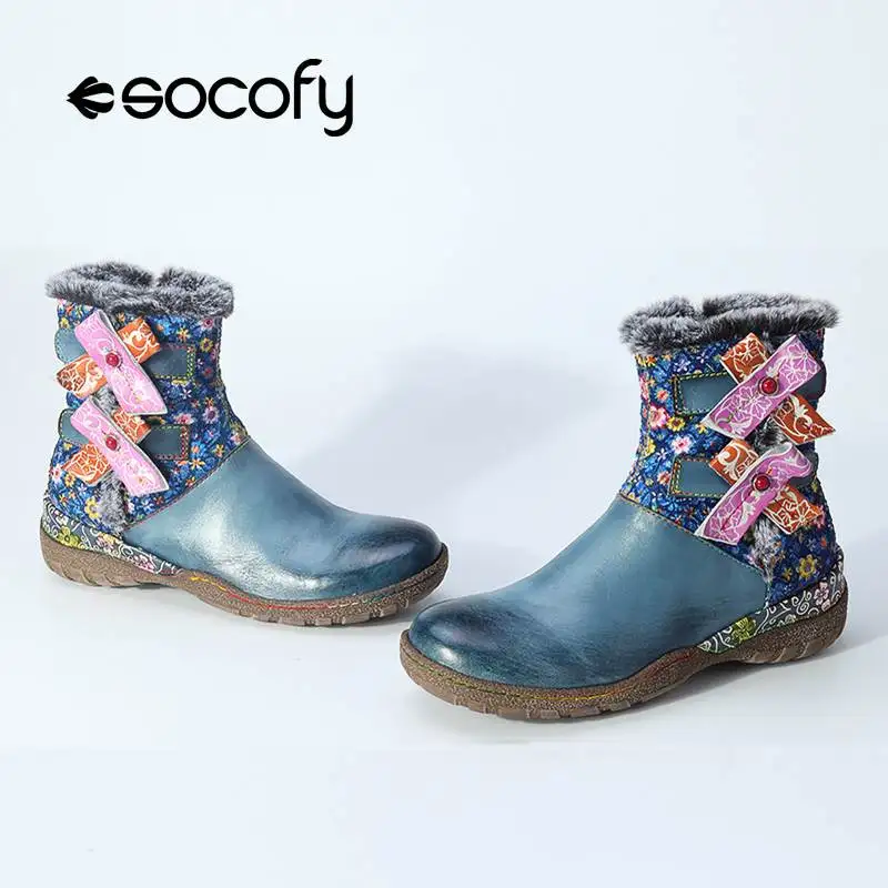 SOCOFY/богемные винтажные женские теплые зимние ботильоны на плоской подошве с плюшевой подкладкой женская обувь на застежке-липучке с цветочным узором женские ботинки; Новинка года