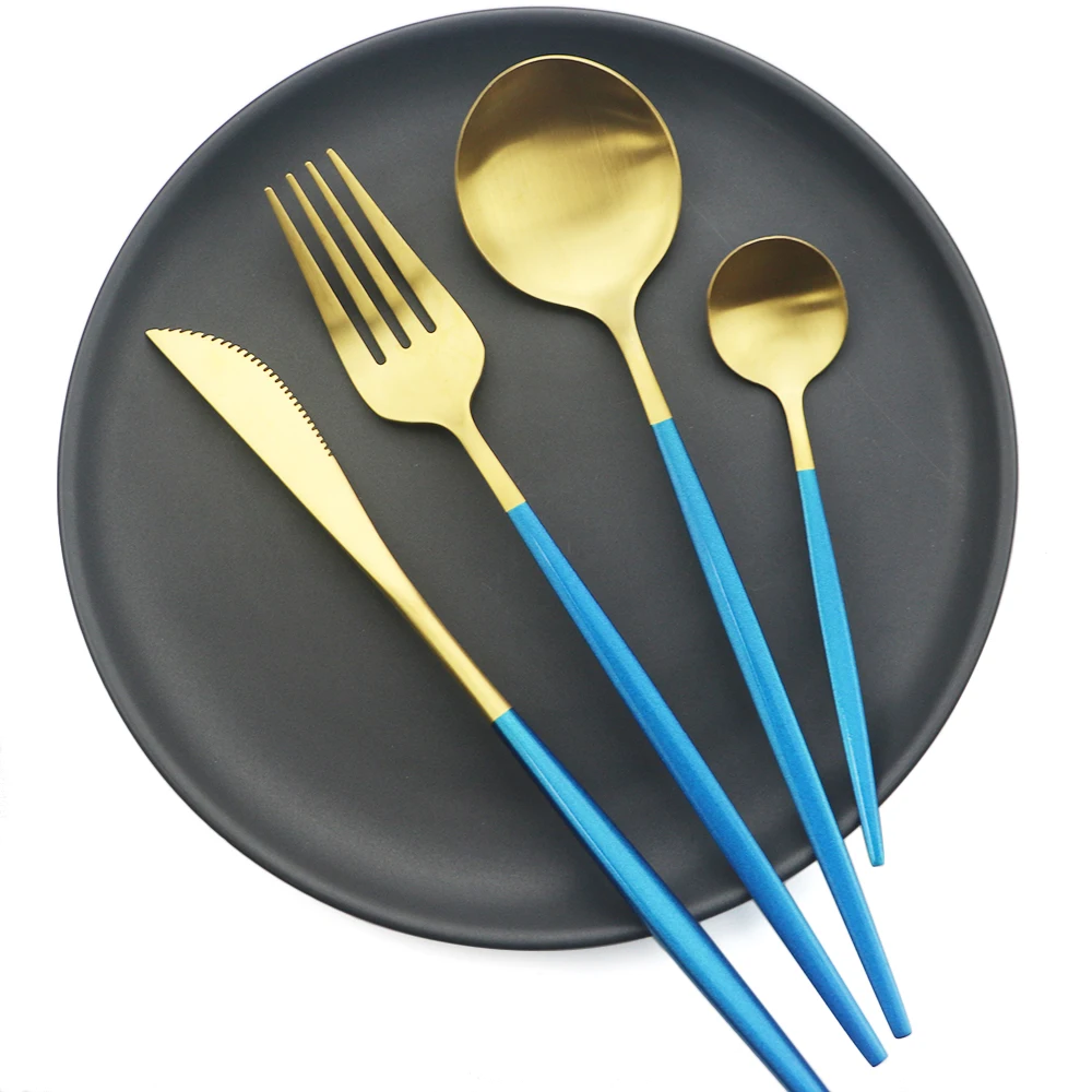 24 шт. синий набор столовых приборов золотистого Нержавеющая сталь ужин столовые