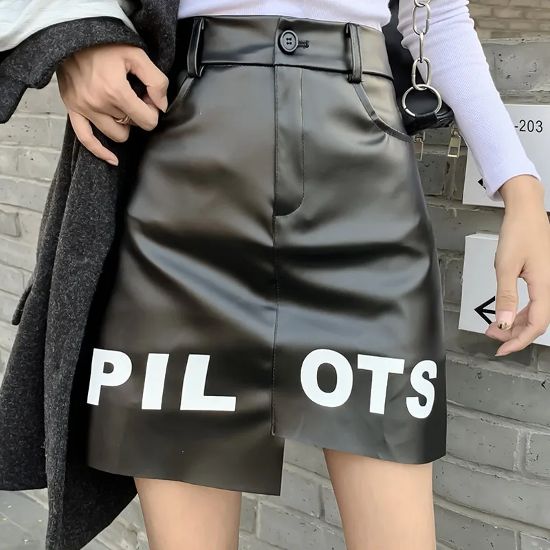 

Fashion 2019 Autumn Winter Irregular Slim Letter Print A-Line Leather Skirt Women Black Skirt High Waist PU Ladies Mini Skirt