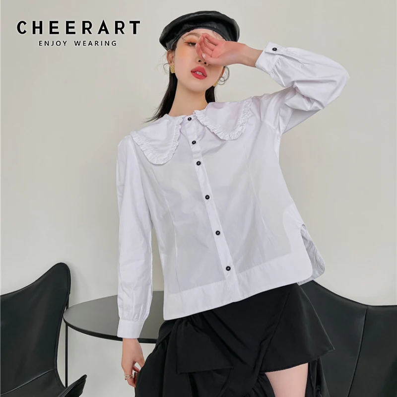 

Белая рубашка CHEERART с воротником «Питер Пэн» и длинным рукавом, Корейская блузка, Черный Повседневный Топ на пуговицах, Весенняя женская оде...