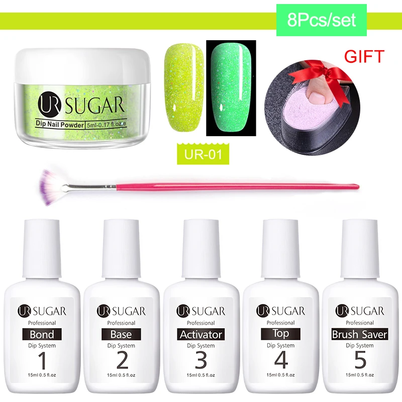 UR SUGAR 8 шт. флуоресцентный набор порошка для ногтей голографический градиентный погружающийся хромированный ноготь пудра-Глиттер для ногтей художественные украшения