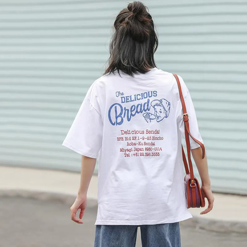 

2021 New Cute Cartoon Printed Short Sleeve T-shirt Women Summer Casual Round Neck Loose T Shirt Female White Tops