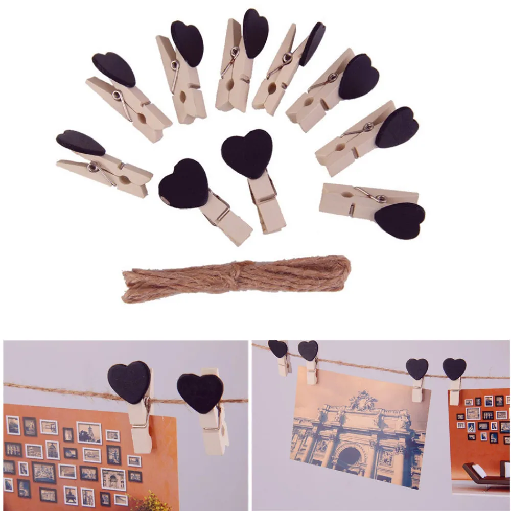 

10pcs Wooden Heart Pegs Clips Wedding Picture Hanging Holder Party Decor (Black)