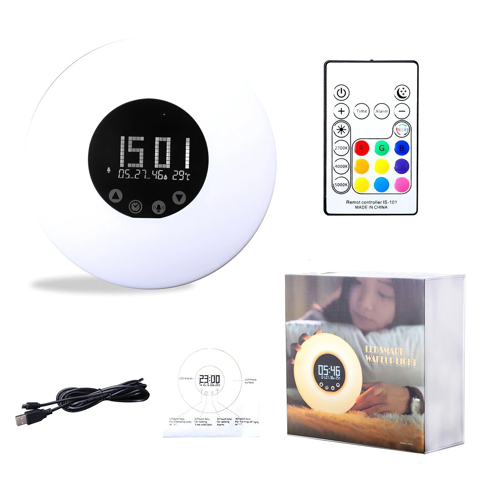 

Colorful LED Night Light Wake Up Light Sunrise Digital Alarm Clock Temperature Calander Display Table Clock Remote Bedside Lamp