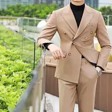 Men's Suits & Blazers British Double Breasted Formal Suit Men Black Smoking Homme Fashion Groom Slim Fit Business Tuxedos (4)